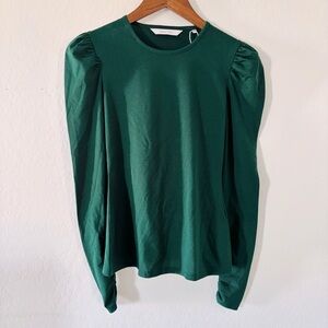 Rebecca Taylor Forest Green Blouse Ruched Shoulders Long Sleeve‎ Cotton Blend XS